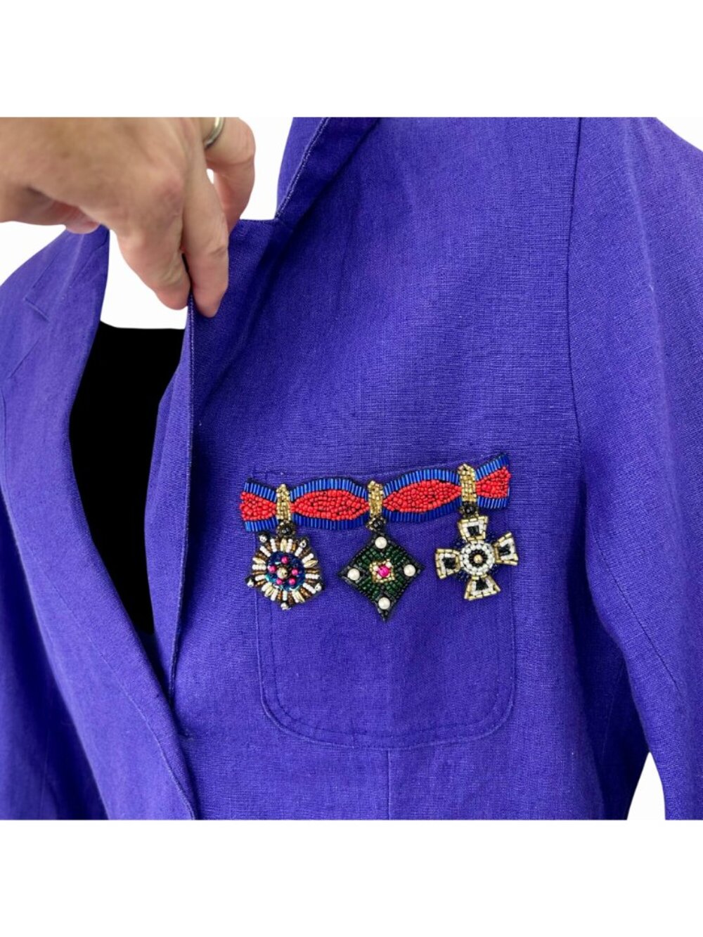 VINTAGE PURPLE LINEN BLEND OVERSIZE BLAZER BEADED JEWELED EMBELLISHED POCKETS 11 - Picture 2 of 6
